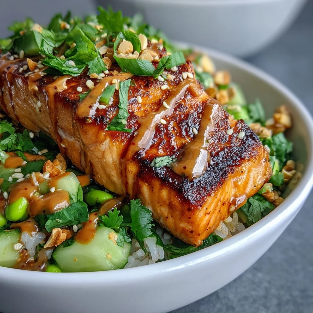 Spicy Salmon Bowl with Creamy Bang Bang Sauce and Fresh Salsa