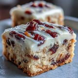 Frosted Cranberry Bliss Bars with zesty orange cream cheese and a white chocolate drizzle on a marble counter.