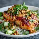 Spicy creamy bang bang sauce drizzles over salmon and fresh salsa in a colorful rice bowl.