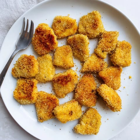 A close-up of crunchy panko-coated chicken nuggets fresh from the fryer, steaming and golden brown.