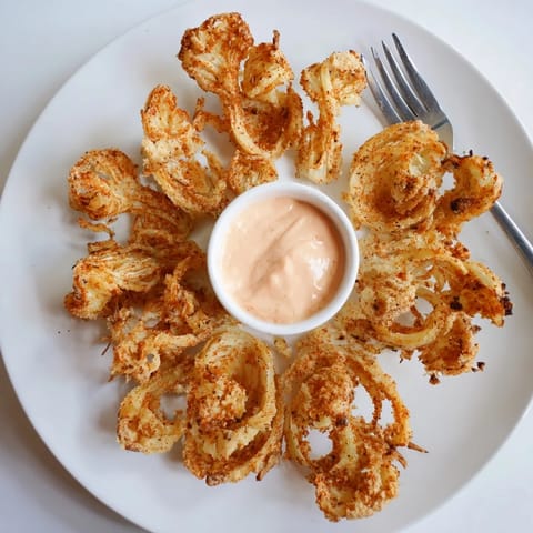 Freshly fried Onion Petals stacked high, with a creamy spicy dipping sauce for a delicious game-day snack.
