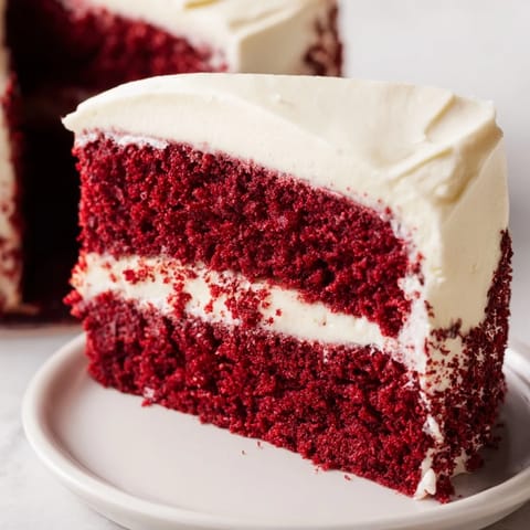Slices of Red Velvet Cake on a white plate, perfect for birthday parties and celebrations.