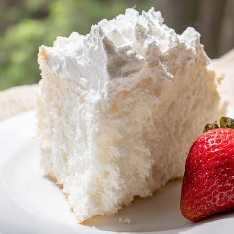 Close-up of a golden Angel Food Cake in a tube pan, cooling upside down on a wire rack.