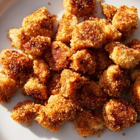 A close-up of homemade Popcorn Chicken served in a paper tray alongside a small cup of creamy ranch dressing.