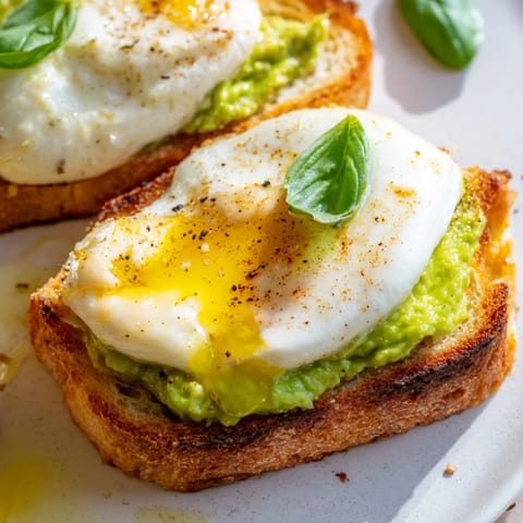 Golden melted mozzarella bubbling atop a vibrant green smashed avocado spread on crisp, rustic sourdough toast, garnished with fresh basil.  