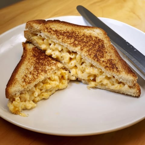 Golden toasted bread reveals melted cheddar and creamy macaroni and cheese filling.