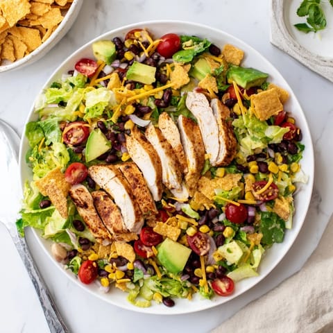Serving suggestion for Crunchy Taco Chicken Salad topped with creamy lime dressing, diced avocado, and shredded cheddar cheese.