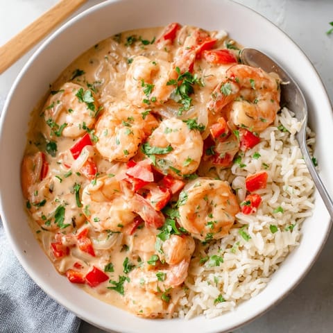 Fluffy jasmine rice topped with succulent Cajun shrimp swimming in a rich, creamy sauce.