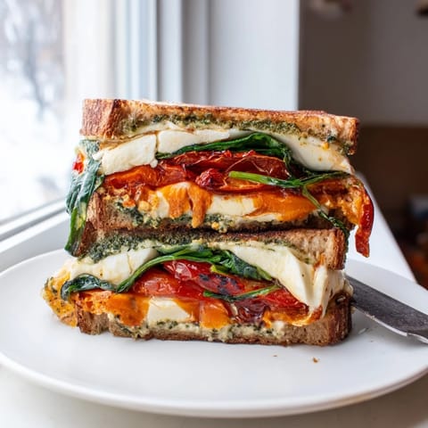 Golden-brown sourdough slices stuffed with roasted tomato pesto grilled cheese, oozing melted mozzarella and cheddar from the sides.