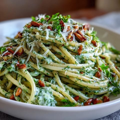 Creamy Sunflower Seed Pesto Pasta, vibrant green sauce coating perfectly al dente spaghetti.