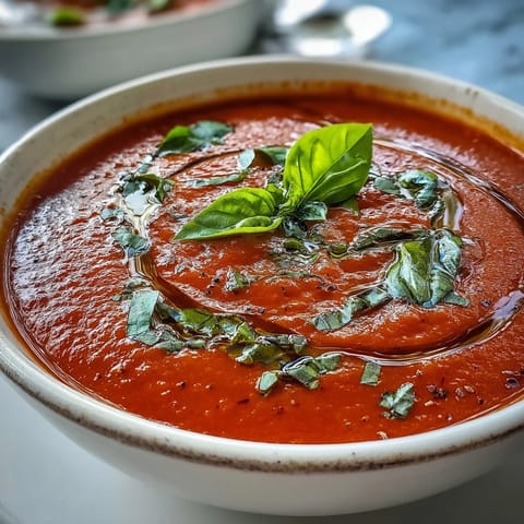Creamy blended Tomato and Basil Soup in a rustic white bowl, steaming gently with a drizzle of olive oil and chopped basil for a comforting Italian meal.