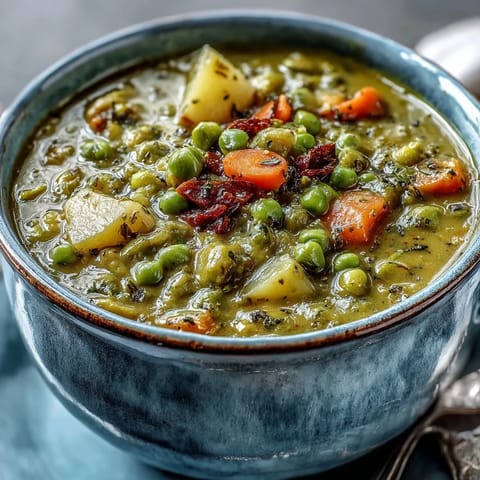 Steamy Split Pea Soup simmers in a rustic pot with tender carrots and potatoes.  