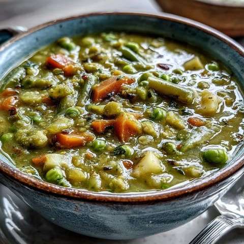 A bowl of creamy Split Pea Soup garnished with fresh thyme and olive oil.  