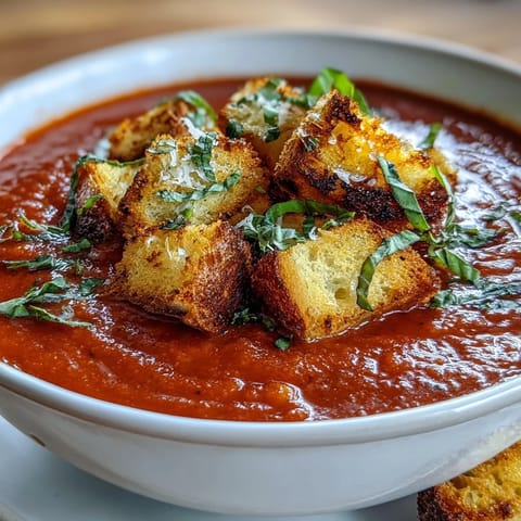 Freshly roasted tomatoes and herbs blend into a velvety soup, topped with golden, crunchy croutons.