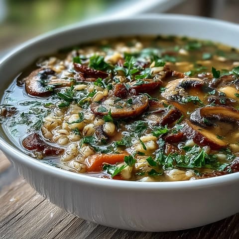 Steaming bowl of homemade Mushroom and Barley Soup, featuring tender sliced mushrooms and chewy grains in a rich vegetable broth.