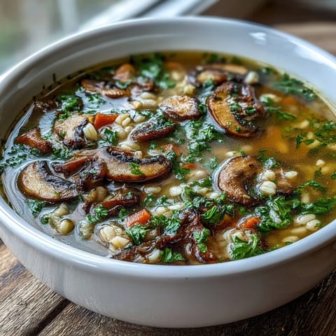 A rustic pot of Mushroom and Barley Soup simmering with carrots and celery, garnished with fresh parsley and a lemon wedge.