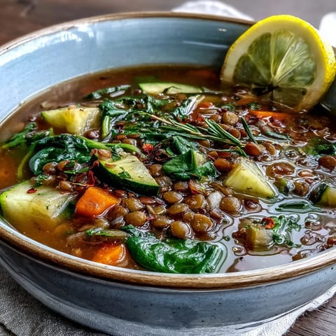 Steaming bowl of homemade lentil soup topped with fresh parsley and a lemon wedge.