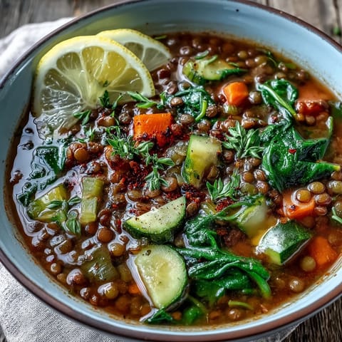 A rustic pot of hearty lentil soup simmering with carrots, celery, and spinach.
