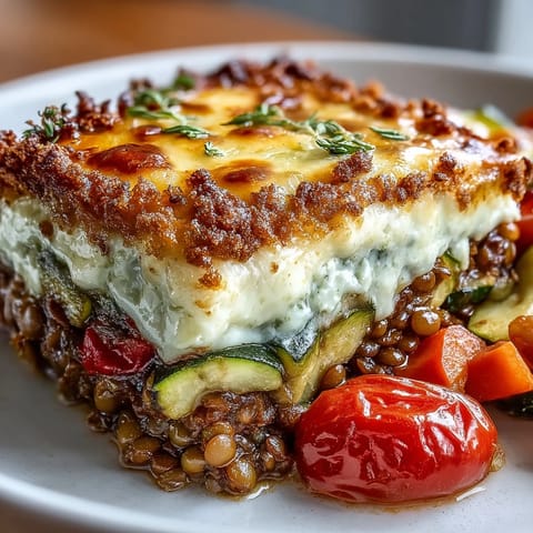 Golden-brown Green Lentil and Vegetable Casserole with bubbling cheese, fresh spinach, and colorful carrots peeking from beneath.