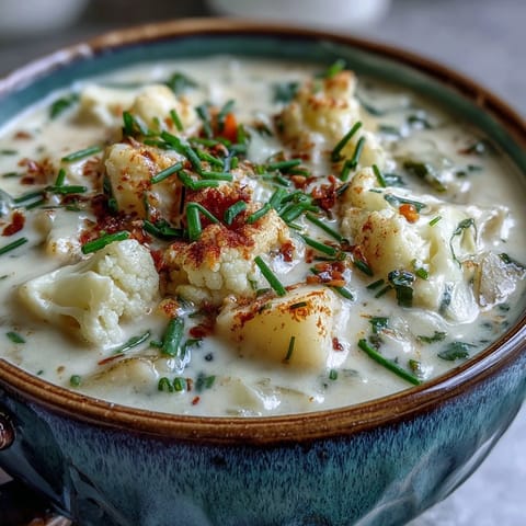 Steam rises from a creamy pot of Vegetarian Cauliflower Chowder featuring tender cauliflower florets and diced potatoes.  