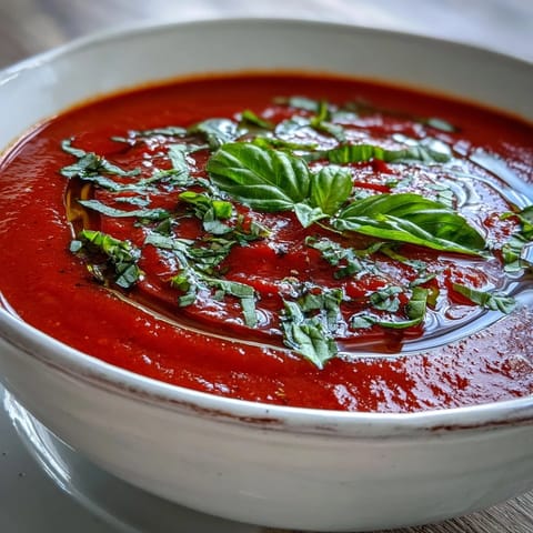 Silky, warm Tomato and Basil Soup served in a rustic ceramic bowl, perfect with crusty bread for dipping.