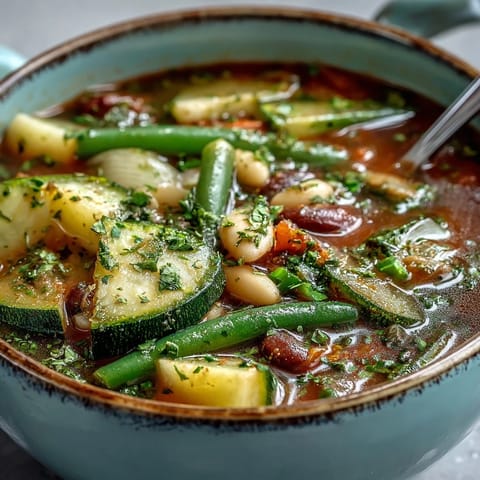 Close-up of Minestrone Vegetable Soup with Parmesan cheese garnish and a side of crusty bread.