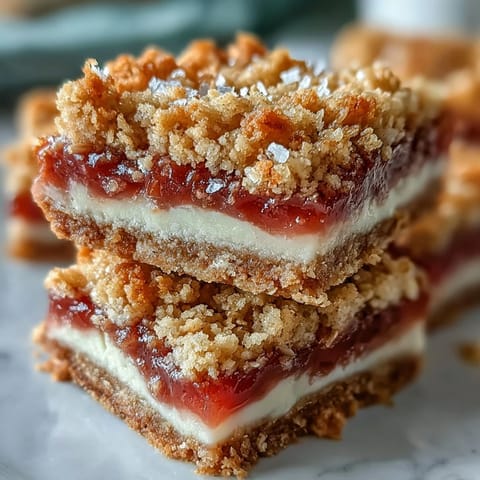 Golden-baked Rhubarb and Custard Crumble Bars with a buttery oat topping and vibrant pink fruit layer.