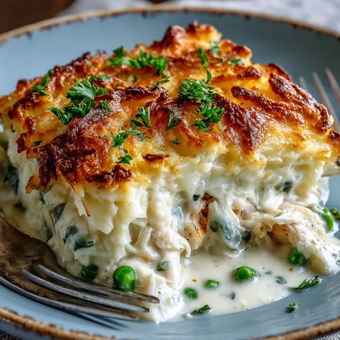 Golden mashed potatoes are piped in swirls over the creamy, turmeric-infused curried fish pie filling.