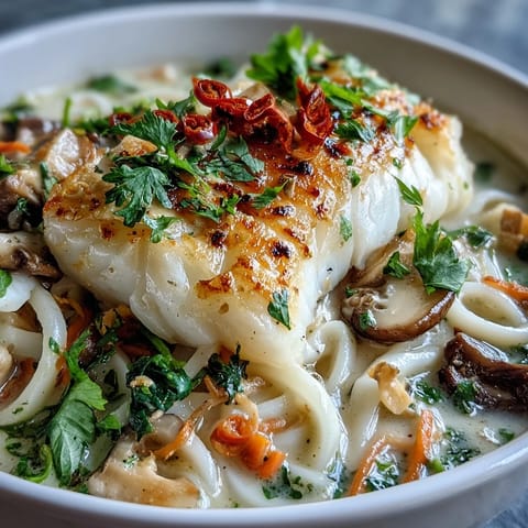 Steaming bowl of Poached Cod With Spiced Coconut Broth and Udon Noodles, garnished with julienned carrots and scallions, ready to serve.