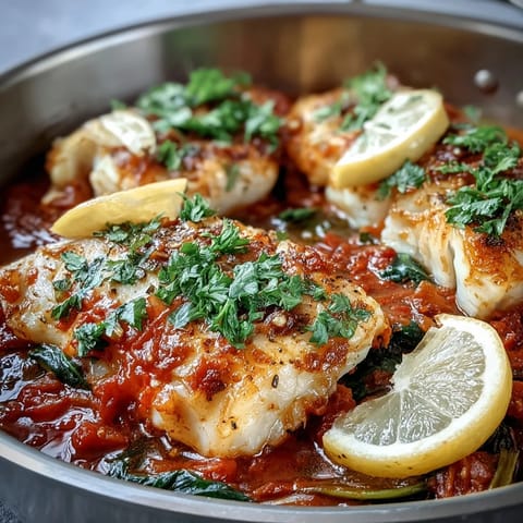 Fragrant spiced cod one pot stew featuring flaky fish, colorful bell peppers, and fresh herbs garnish.