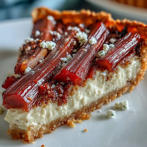 Freshly baked Rhubarb, White Chocolate, and Elderflowertart with pink roasted rhubarb slices on creamy custard, ideal for spring desserts.