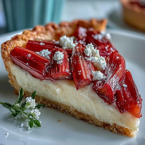 Sliced Rhubarb, White Chocolate, and Elderflowertart on a white plate, featuring a golden crust and tangy roasted rhubarb, perfect for celebrations.