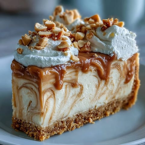 Freshly baked Nutter Butter Cheesecake with a creamy peanut butter swirl, on a Nutter Butter cookie crust, garnished with chopped peanuts and whipped cream.