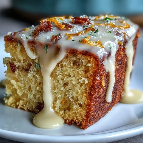 A glazed slice of Heavenly Blood Orange Yogurt Cake reveals a moist, tender crumb studded with blood orange zest.