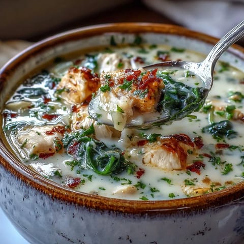 Steaming garlic Parmesan chicken soup with tender chicken and melted cheese ready for dinner.