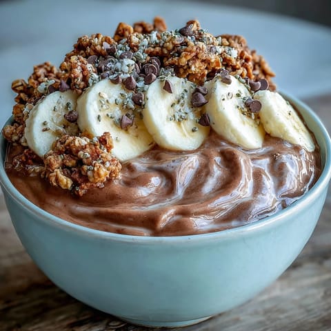 A close-up view of a single Chunky Monkey Smoothie Bowl with a rich, thick texture, ready to be eaten with a spoon for breakfast.