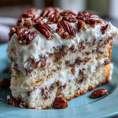 Freshly sliced Butter Pecan Tres Leches Cake reveals moist layers soaked in sweet milk, topped with toasted pecans and fluffy whipped cream.