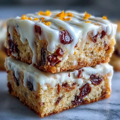 Golden-brown Cranberry Bliss Bars topped with creamy orange frosting, drizzled with white chocolate on a festive platter.