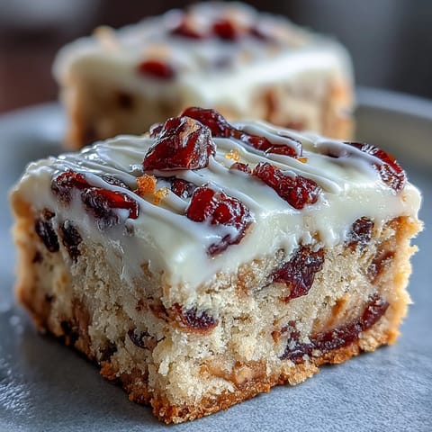 Frosted Cranberry Bliss Bars with zesty orange cream cheese and a white chocolate drizzle on a marble counter.