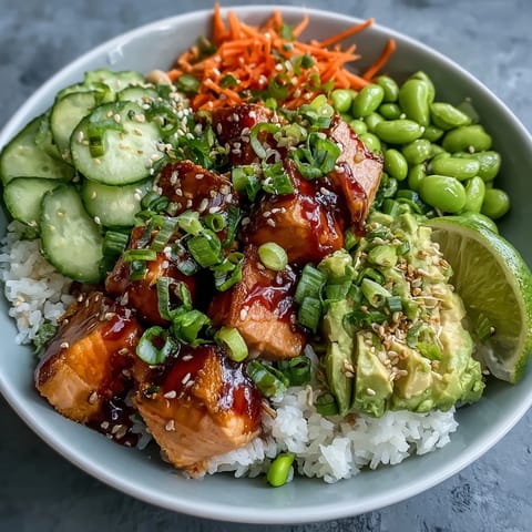 Golden-brown baked salmon cubes sit atop fluffy white rice, garnished with cucumber, avocado, and carrots for a healthy Baked Salmon Rice Bowl.
