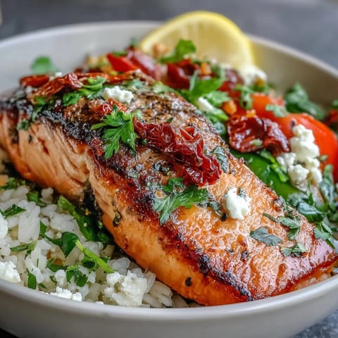 Golden-brown crispy rice topped with pan-seared salmon, vibrant bell peppers, and crumbled feta cheese in the Mediterranean Salmon Bowl.