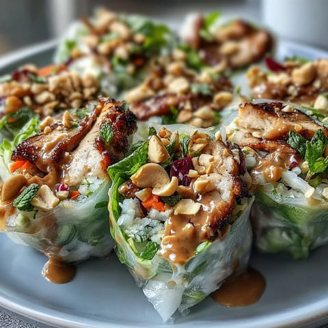 Deconstructed Rice Paper Roll Bowl with crisp carrots, cucumber, and shredded red cabbage topped with grilled chicken.