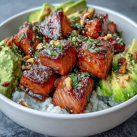 Vibrant Avocado Salmon Bowl featuring tender salmon and creamy avocado slices over seasoned sushi rice.