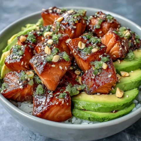 Zesty Avocado Salmon Bowl drizzled with spicy chili oil and topped with crunchy roasted peanuts.