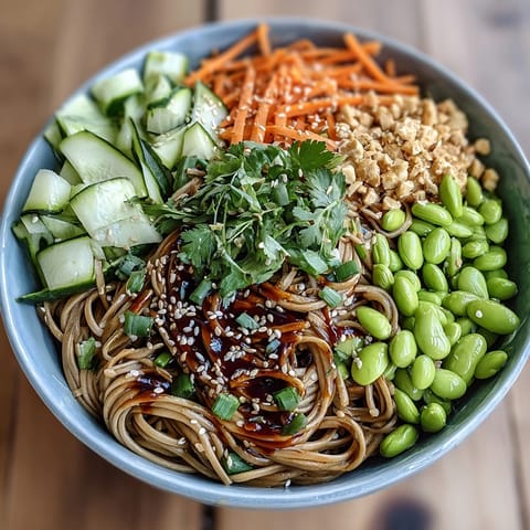 Chilled soba noodle bowl topped with edamame and crisp veggies, drizzled with creamy sesame dressing for a light, savory meal.