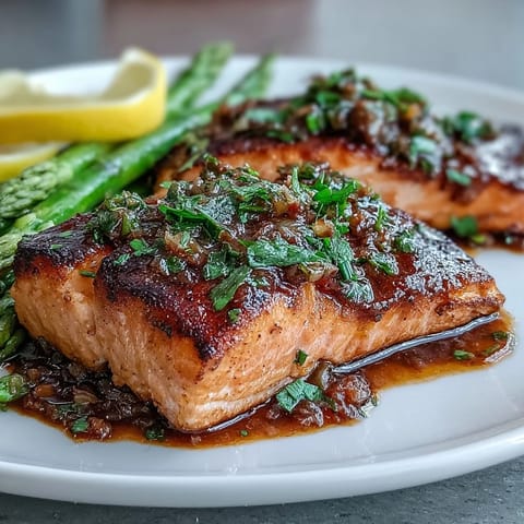Garlic butter salmon with asparagus roasted to perfection on a sheet pan, garnished with fresh parsley and lemon slices.