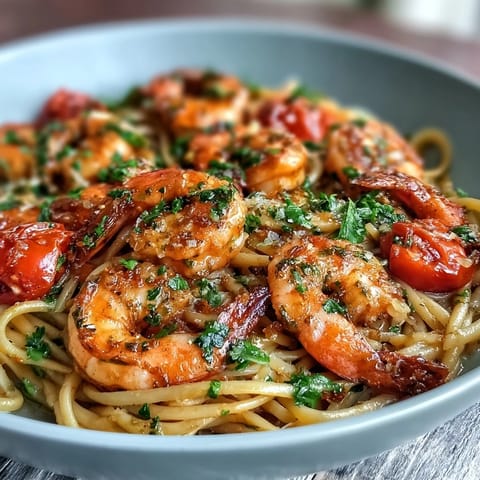 A steaming bowl of One-Pot Garlic Shrimp with Angel Hair, bright with lemon and fresh parsley.