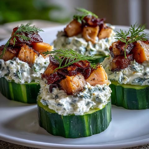 Cucumber Bites with Cream Cheese and Smoked Salmon: elegant appetizer featuring cool cucumber rounds layered with smooth cream cheese and delicate smoked salmon.