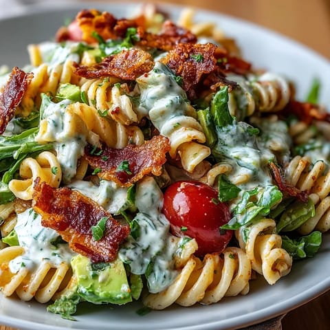 A colorful bowl of BLT pasta with avocado ranch, featuring crispy bacon, juicy tomatoes, and fresh lettuce in a creamy dressing.  