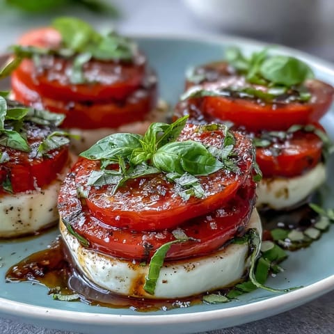 Fresh Caprese salad with basil oil drizzle featuring ripe tomatoes and creamy mozzarella on a white platter.  